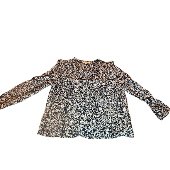 Lucky Brand Navy White Floral Top Neck Shoulder Ruffle Prairie Trad Size M - Picture 2 of 11